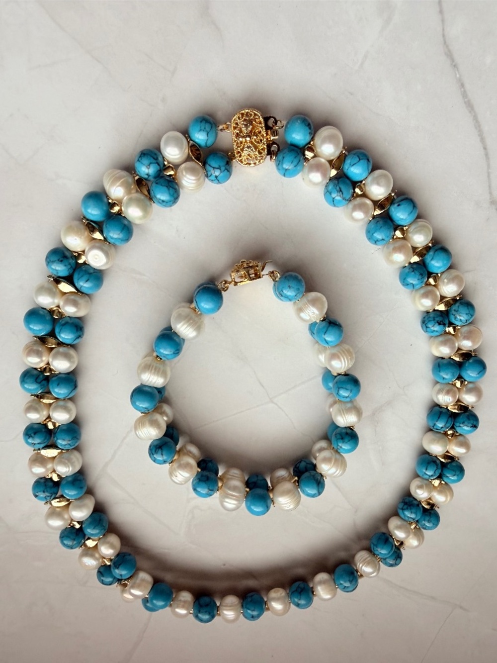 Vintage Freshwater Pearls and Polished Turquoise Necklace and Bracelet Set